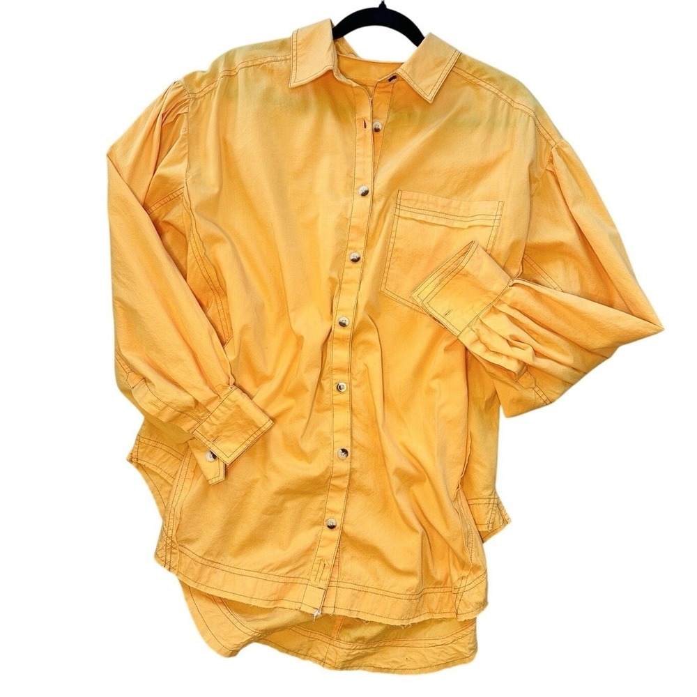 We The Free People Happy Hour Oxford Shirt Size M Yellow Orange Cotton Oversized